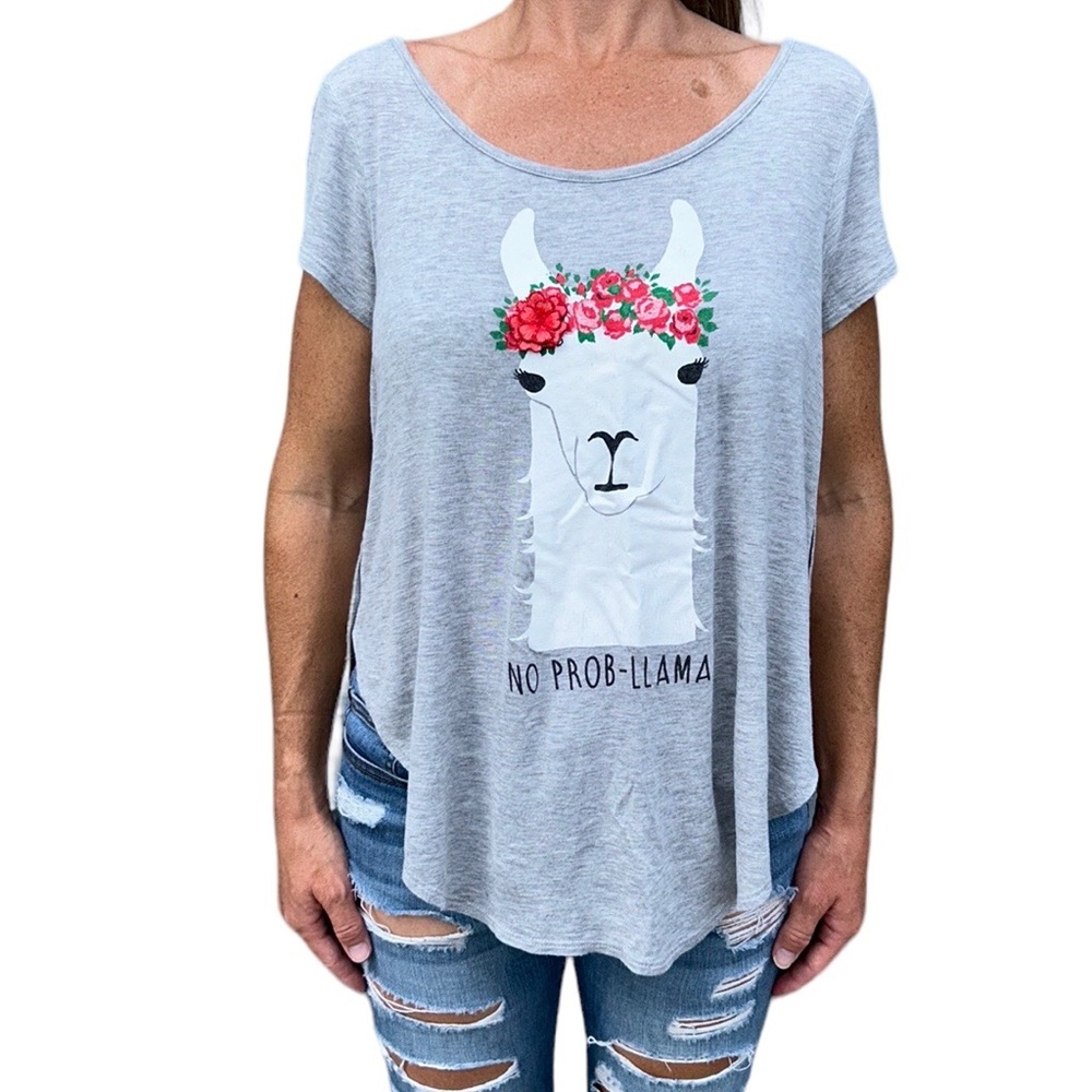 Alya Francesca’s | “NO PROB-LLAMA” T-shirt Tunic 3D Floral Appliqué Gra…